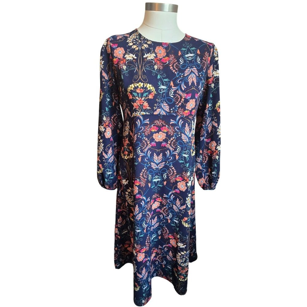 Blue Floral Dress Long Sleeve Navy & Multicolor Maxi Size L I. Madeline jj3739